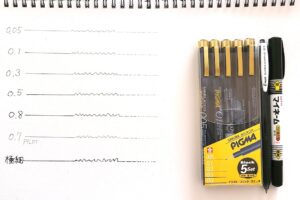 風景画で使う「SAKURA MICRON PIGMA各種(0.05〜0.8mm)」と「PILOT SUPER GRIP/G 0.7」「サクラマイネーム極細」の線の太さの比較。