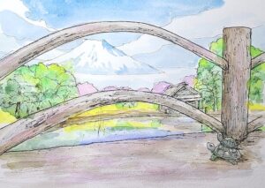 マキノロランがステッドラー社のピグメントライナーを使って描いた「忍野八海から見る富士山」の淡彩風景画の例。亀の親子が富士山を見上げるように、水彩画初心者も努力は実るという思いが示唆されている。