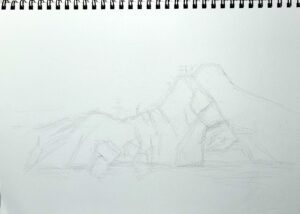 マキノロランが描いた碁石海岸穴通磯(あなとおしいそ)の鉛筆下書き画像。鉛筆はHB、消しゴムは練り消しを使用。初心者が現地でもスケッチできる描き方を紹介。