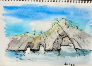 マキノロランがペンを使い淡彩画で描いた碁石海岸穴通磯(あなとおしいそ)の画像。ペンはサクラのマイネーム油性ペン。絵の具は透明水彩絵の具。初心者が現地でもスケッチできる描き方を紹介。