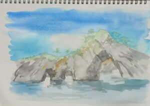 マキノロランが淡彩画で描いた碁石海岸穴通磯(あなとおしいそ)の下書き第三段階の画像。絵の具は透明水彩絵の具。初心者が現地でもスケッチできる描き方を紹介。