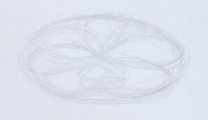 初心者が絵を描く時に大事な形の取り方で、「楕円形などの幾何形態」や「つぶれたハート型」で花の形を構成する下描き例。透明水彩の花(サザンカ)を描く前段階の構造スケッチ。第二段階は複数の長楕円やつぶれたハート型を放射状に重ねる。