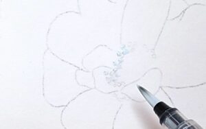 サザンカの花芯をマスキングの技法で表現した彩色ステップ。雌蕊雄蕊をマスキングしている。後に、花弁を彩色し、乾燥後マスキングインクをラバークリーナーで剥がし花芯を彩色する。その第1段階のマスキングインク描画。