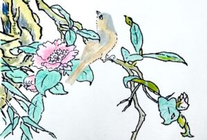 画家マキノロランが描いた部分模写。原本は「紙本著色山茶花小禽図(しほんちゃくしょくさざんかしょうきんず)、作者:瑞渓周鳳(ずいけいしゅうほう)/時代:室町時代15世紀。現物は京都国立博物館所蔵」