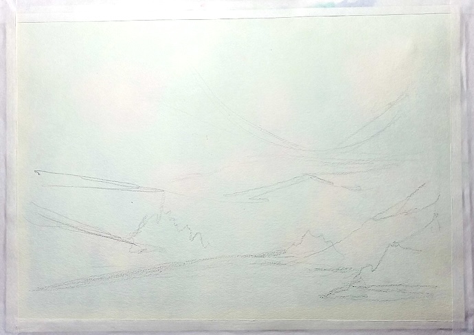 ターナーの水彩から学び、光と空気感を意識して描いた習作の鉛筆下書き