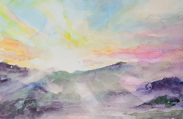 ターナーの水彩から学び、光と空気感を意識して色を塗っている途中の習作