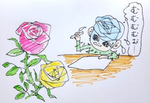 バラを描こうとして悩んでいる様子のバラのキャラクターのイラスト