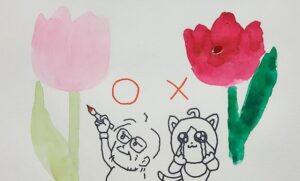 チューリップの着彩初期段階。薄く塗った成功例と、最初から濃く塗った失敗例の比較。