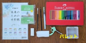 水彩色鉛筆で絵を描く際に必要な道具の紹介画像。下描き用鉛筆HB、消しゴム、水彩色鉛筆、水筆、筆、水彩用画用紙、パレット、ティッシュ