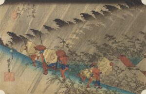 歌川広重_東海道五十三次之内・庄野_白雨の画像。雨が降ったら即片付けをしようと促すパロディ