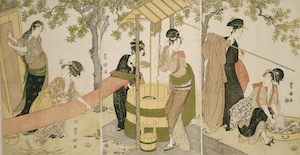 江戸時代の洗濯の様子を描いた錦絵。Doing the Laundry by the Well Curb (井戸端の洗濯と洗い張り)作者歌川豊国、シカゴ美術館所蔵