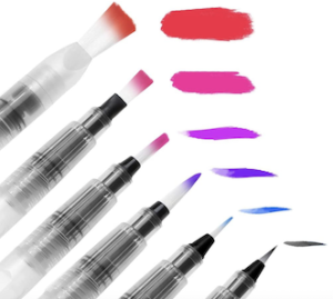 水彩色鉛筆で使用するXIAOBUDINGで販売している水筆6本セットの画像。タイプは、ポインテッドブリッスルとフラットブリッスル。