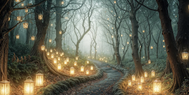 イラスト風の神秘な森の道を描いたAI画像。