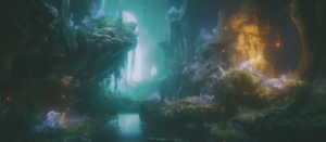 「意外とカンタン！水彩色鉛筆の基本の使い方・描き方ガイド」を解説するセクションの扉絵となる幻想的な洞窟絵画。AI画像。