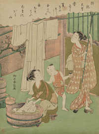 江戸時代の洗濯の様子を表現した鈴木春信の版画「持統天皇」