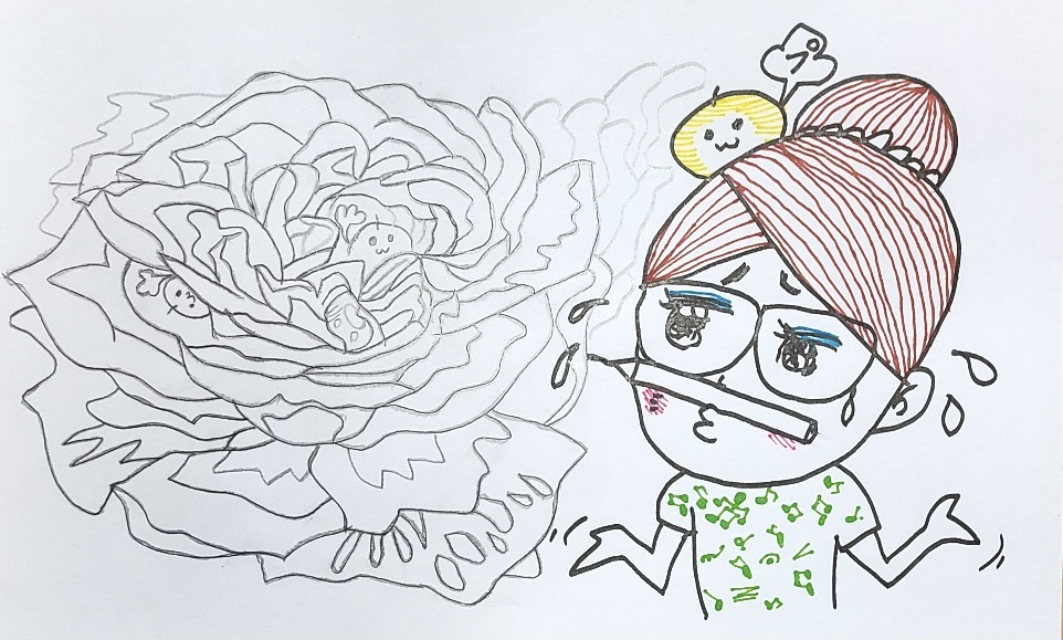 水彩画を描くためにバラを下描きするが、花びらを描きすぎて困惑しているポメ子さんのイラスト