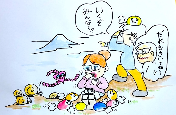 目指す頂に向かって意気込みを表す画家ロランと、マイペースで食事をとるポメ子さんとモップーたち