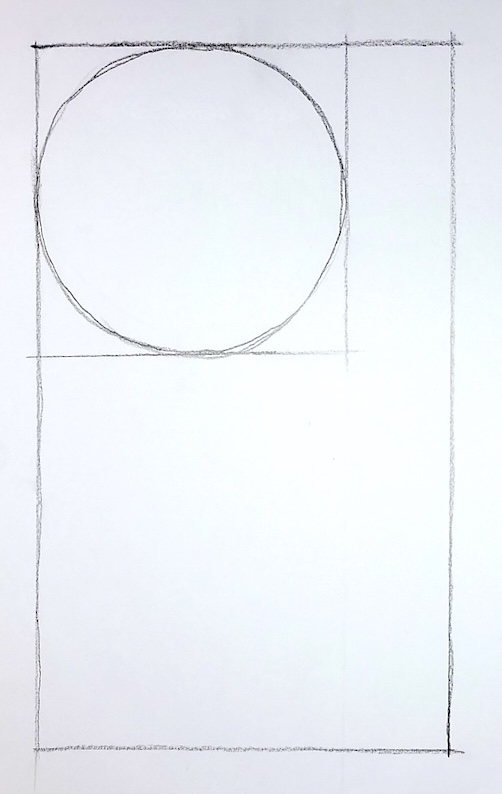 水彩で描くバラの下描き第一段階で、バラ全体が収まる長方形と、花が収まる長方形が鉛筆で描かれている。縦描き例