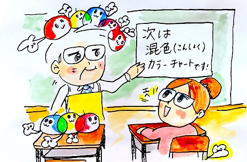 混色カラーチャート作りの予告をするロラン先生と、話を聞くポメ子と妖精モップー イラスト