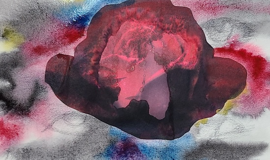 バラの実物をスケッチ前に観察する画家の目を表した抽象作品