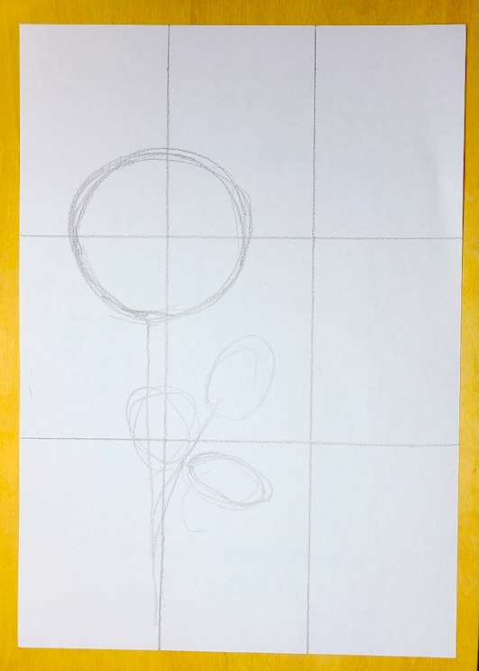 水彩 バラ 鉛筆 下描き 三分割の構図 花 丸