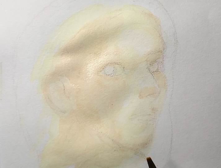 透明水彩で肌色の二層目を重ねている工程（水彩紙はアルビレオ）