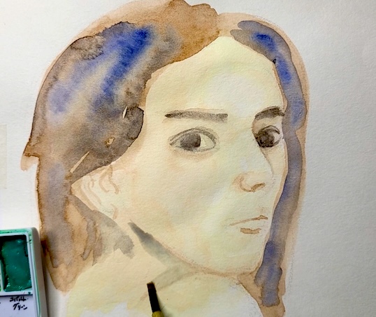 透明水彩で肌の影色を最小限入れている途中の工程（水彩紙はアルビレオ）
