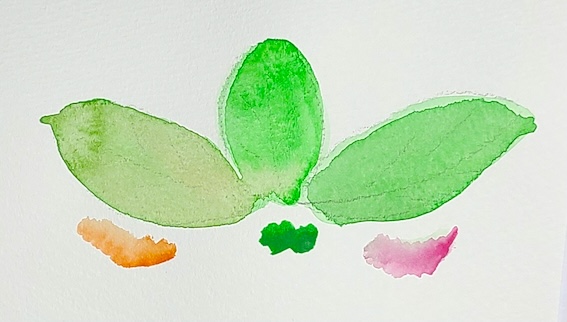 赤系、茶系を混色し濁りを出した緑の透明水彩混色例　3枚の葉を比較