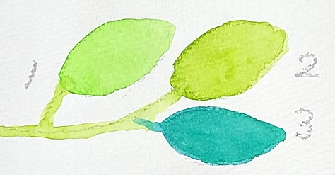 黄色寄りから青寄りまで変化させた緑の透明水彩混色スウォッチ　3枚を比較