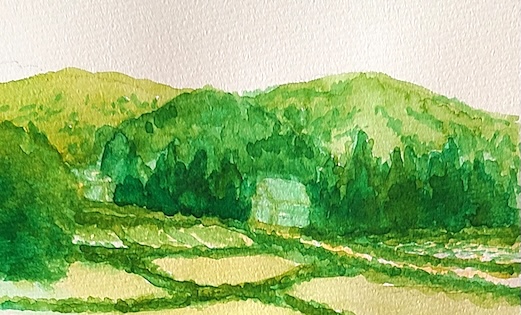 イエローオーカーとビリジャンヒューの混色で描ける里山・田んぼのスケッチ