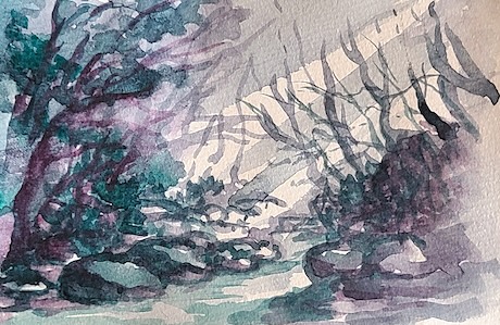 クリムソンレーキとビリジャンヒューの混色で描いた森の奥のスケッチ