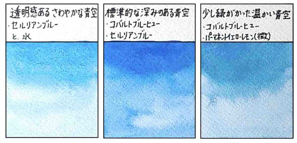 透明水彩で、セルリアンブルー + 水(透明感のある爽やかな空)、コバルトブルー + セルリアンブルー(最も標準的な深みのある空)、コバルトブルーヒュー + 微量のパーマネントイエローレモン(春先のような、少し緑がかった温かい空)の違いを比較する「基本の青空」のグラデーションチャート