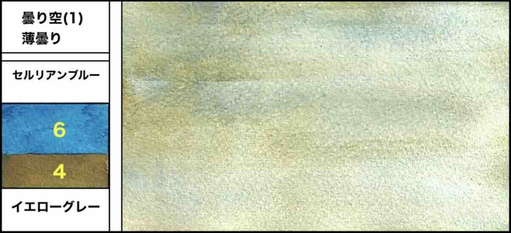 セルリアンブルーとイエローグレーを6対4で混色した、落ち着いた曇り空の2色混色カラーチャート