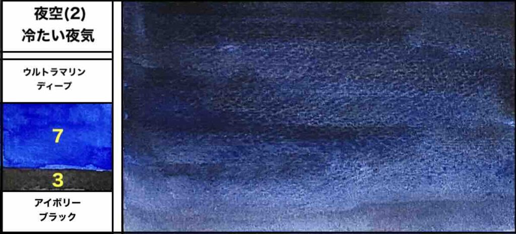 ウルトラマリンディープとアイボリーブラックを7対3で混色した、冷たい夜空の2色混色カラーチャート