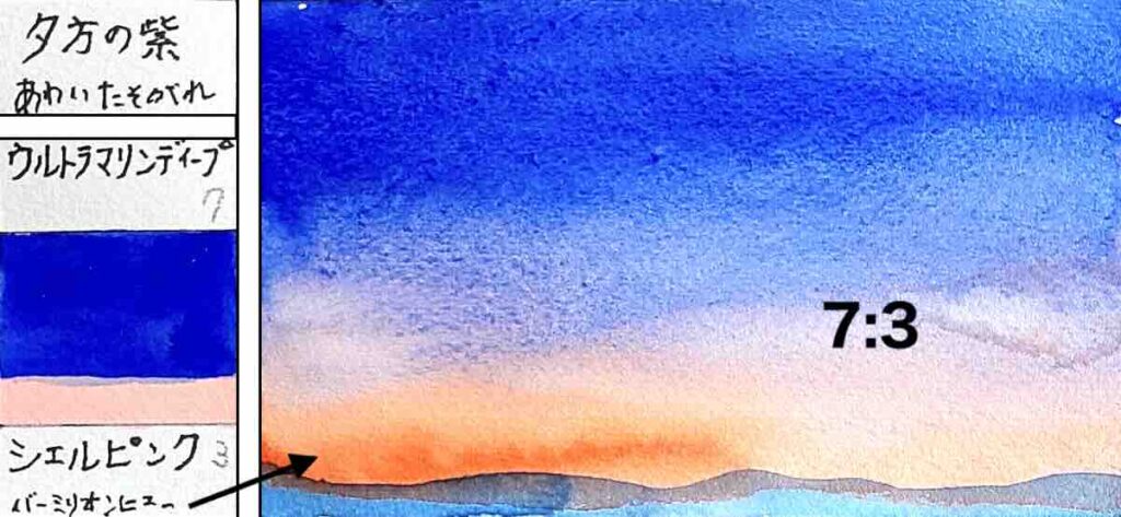 ウルトラマリンディープとバーミリオンヒューの間にシェルピンクを挟み、帯状に混色していく夕方の紫の混色カラーチャート