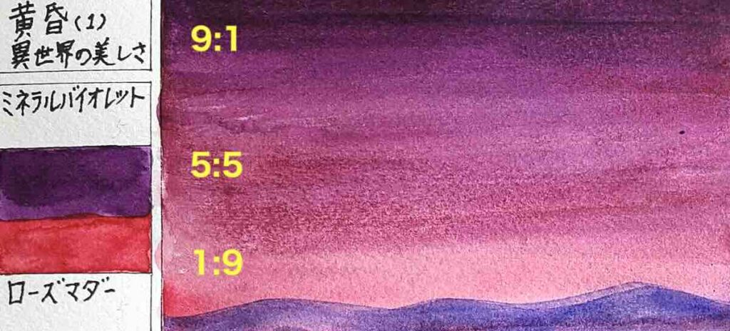 ミネラルヴァイオレットとローズマダーを5対5で混色した、黄昏(トワイライト)の2色混色カラーチャート