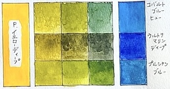透明水彩　緑　混色チャート　黄色と青の組み合わせ比較　ホルベイン