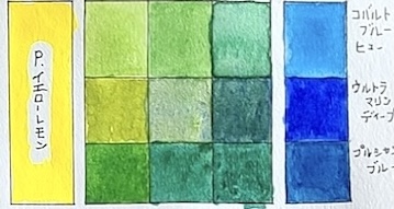 透明水彩　緑　混色チャート　黄色と青の組み合わせ比較　ホルベイン