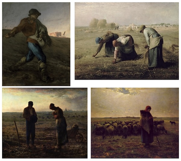 ジャン＝フランソワ・ミレーの代表作（種まく人、落穂拾い、晩鐘、羊飼いの少女）をグリッド配置したコラージュ。