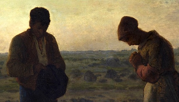 ミレー『晩鐘』の拡大図。夕暮れの中で静かに頭を垂れ、手を合わせる農夫婦の穏やかで敬虔な表情。