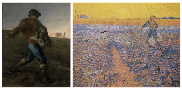ミレーとゴッホ、二人の『種まく人』の比較画像。土色の重厚な原画と、ゴッホによる黄金色の模写。