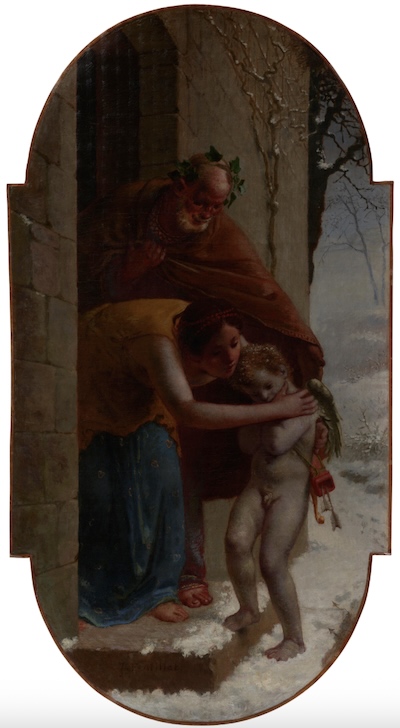 山梨県立美術館所蔵、ミレーの『冬（凍えた愛神）』。雪深い夕暮れ時、農夫婦が凍えている小さな愛神（キューピッド）を見つけ、慈しむように見守る情景。