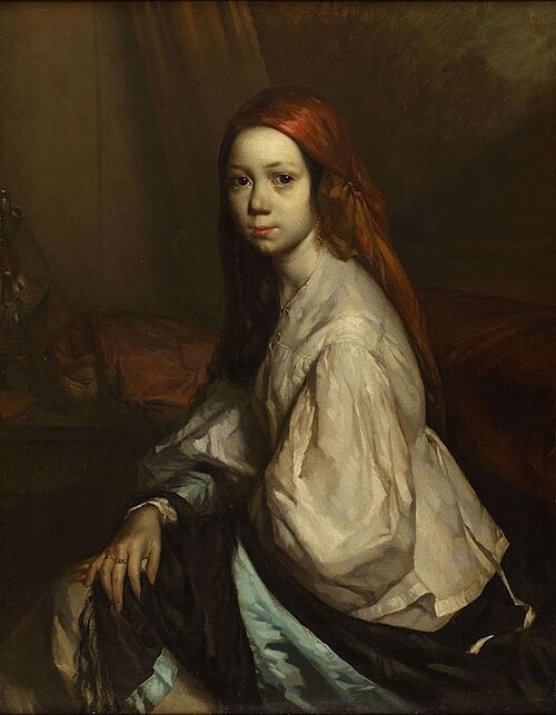 椅子に座る若い女性の肖像。ミレーによる初妻ポーリーヌ・オノを描いた油彩画。