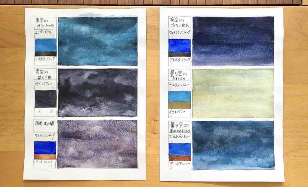 雨空や曇り空、夜空の描き分けを具体的に示した、透明水彩のカラーチャートと使用絵具の記録。