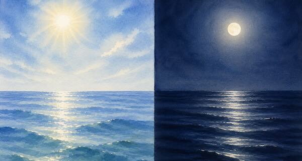 透明水彩 水面 描き方 昼 夜 海 月明かり 光の表現