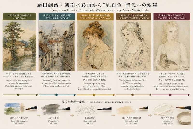 藤田嗣治 水彩画から乳白色時代への変遷図