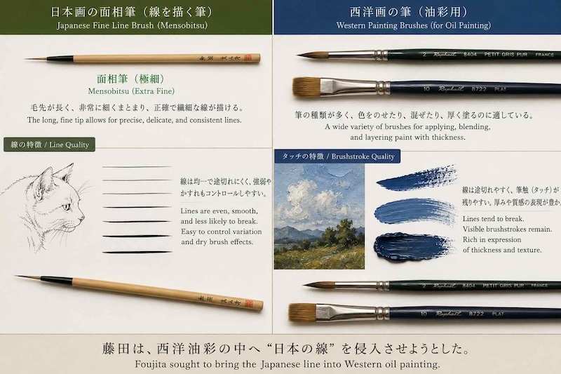 日本画の面相筆と西洋画用筆の比較イメージ