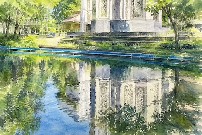 透明水彩 水面 反射 描き方 木々 建物 映り込み 表現