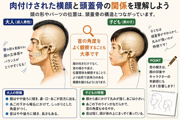 人物画の横顔を描くための大人と子供の頭蓋骨構造と首の角度の比較図