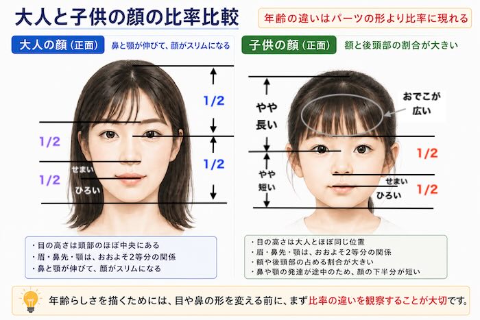 人物画における大人と子供の正面顔の比率比較図